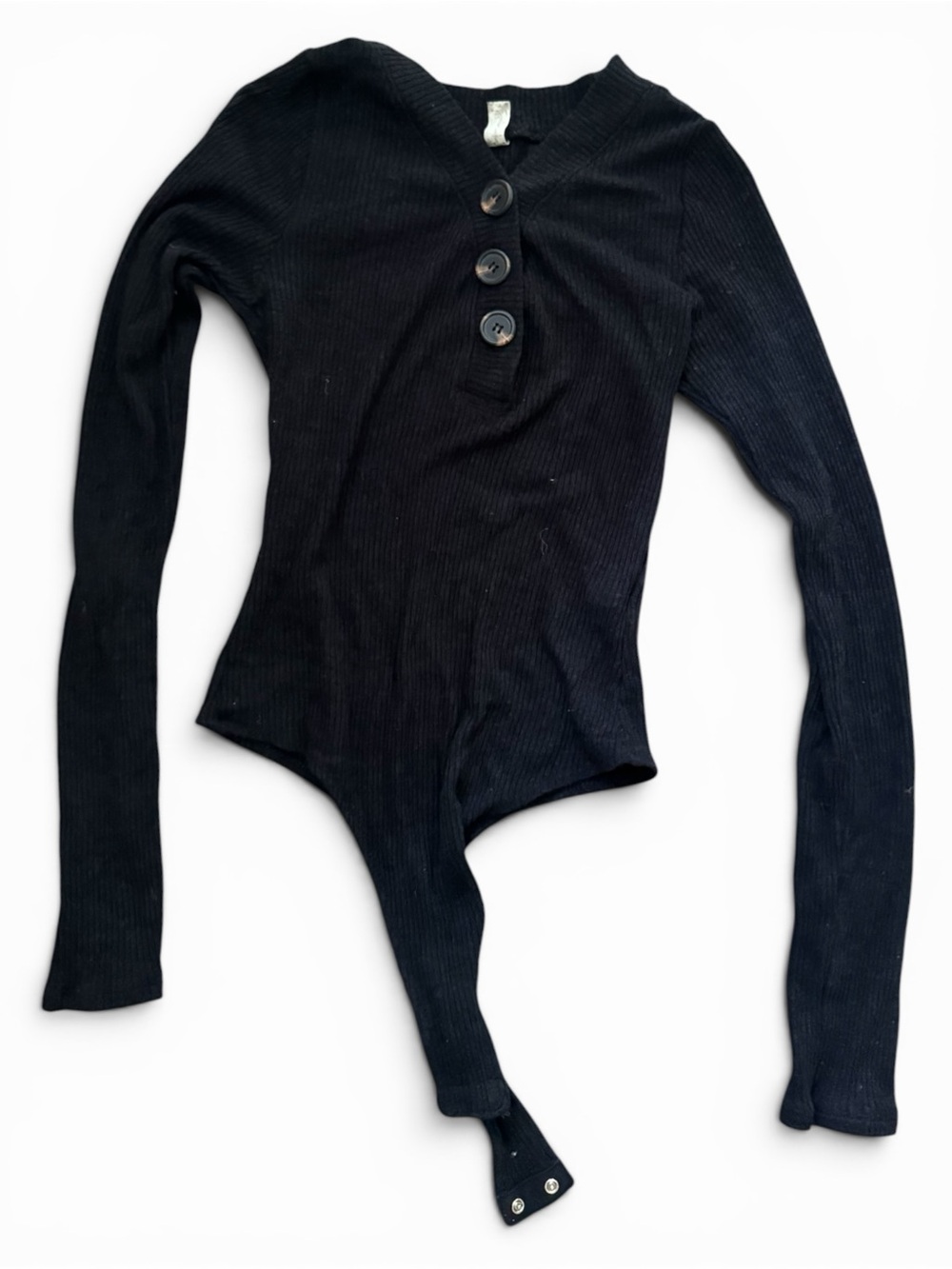 Free People Black Ribbed Long Sleeve Henley Bodysuit